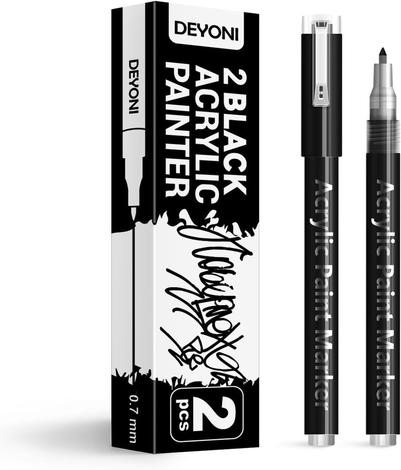DEYONI 2 Pack Black Acrylic Paint Pens, 0.7mm Extra Fine Tip, Water Based Acrylic Markers for Wood, Paper, Rock Painting, Stone - Image 1